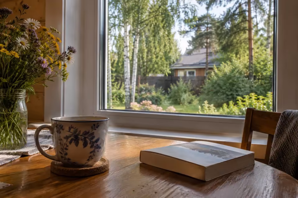 Чашка и книга возле окна
